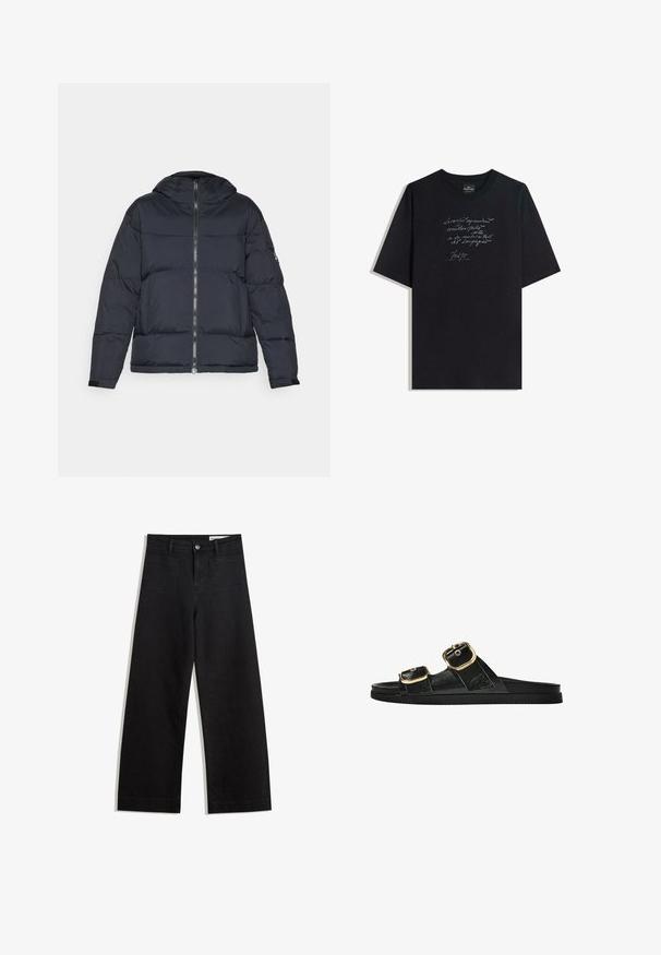 Navy puffer jacket with a hood, zip closure, and elastic cuffs. Features boxy design and quilted texture for insulation.; Black cotton t-shirt with short sleeves, featuring white handwritten text design on front. Crew neck, relaxed fit, smooth texture.; Black wide-leg denim pants with a high waist, featuring front and back pockets, stitched seams, and a button closure. Smooth texture.; Black slide sandal with two gold buckle accents, smooth textured material, flat sole, and a minimalist design.
