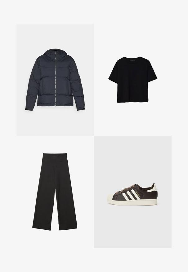 Mornarska puhovka s kapuco, zadrgo in elastičnimi manšetami. Opremljena je s kvadratnim dizajnom in prešitjem za izolacijo.; Črna kratka majica s kratkimi rokavi, kratka dolžina, okrogli izrez in preprost dizajn, položena na ravno belo podlago.; Črne široke hlače z visokim elastičnim pasom, izdelane iz mehke tkanine in ohlapnega kroja, primerne za sproščeno nošenje ali casual priložnosti.; Nizki adidas Superstar copat iz temno rjavega usnja s kremasto školjkasto konico, belimi črtami in napisom "Superstar" na strani.