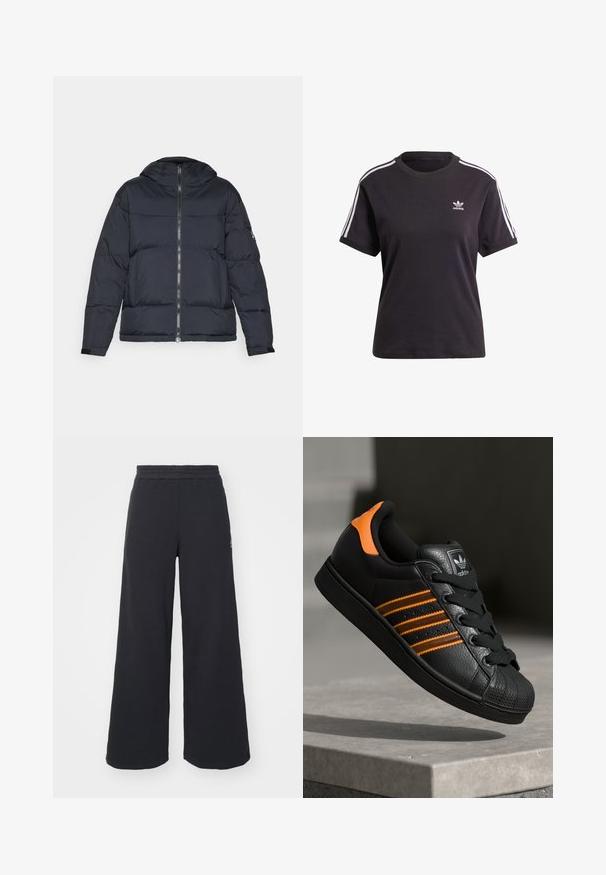Tumed puffer-jakk, millel on kapuuts, lukuga sulgemine ja elastsed mansetid. Omab karbikujulist disaini ja õmmeldud tekstuuri soojustamiseks.; Must kõrge kaelusega must puuvillane T-särk lühikeste varrukatega, millel on valged triibud õlgadel ja väike valge Adidas'i logo rinna peal.; Mustad laiad spordipüksid, mis on valmistatud pehmest kangast, elastse vöökohtaga ja väikese logoga vasakul küljel.; Mustad mustad mustad oranzhides üksikasjad, kolm horisontaalset triipu, tekstureeritud nahk pealisosa, kummist varbaosa ja mustad paelad.