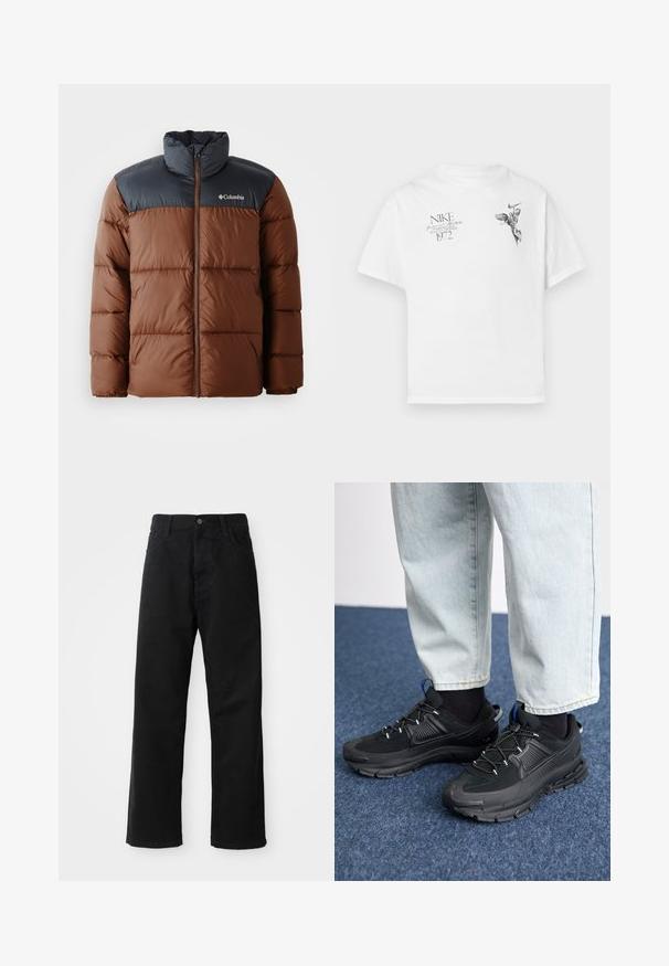 Bruine en donkergrijze gewatteerde jas met een hoge kraag, rits aan de voorkant en een logo op de borst; voorzien van doorgestikte delen voor isolatie.; Witte katoenen t-shirt met een zwarte grafische print van een gevleugeld figuur en tekst, met een ronde hals en korte mouwen.; Zwarte denim broek met een rechte pasvorm, voorzien van voorzakken, een rits en een enkele bovenste knoop. Gestructureerde stof met een matte afwerking.; Zwarte sportschoenen met gestructureerde stof en rubberen zolen, met elastische veters en een blauwe accent op de hiel. Draag samen met lichte spijkerbroeken.
