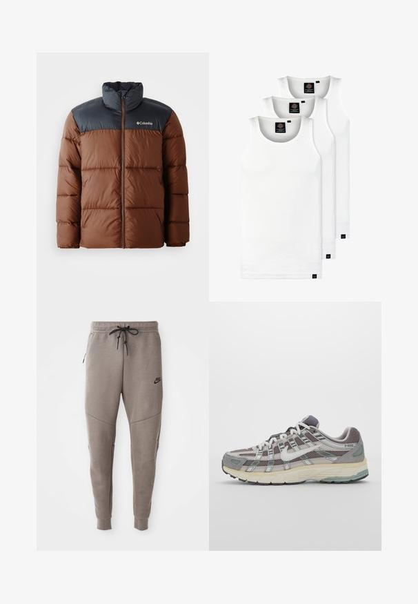 Chaqueta acolchada marrón y gris oscuro con un cuello alto, cierre de cremallera en la parte delantera y logotipo en el pecho; cuenta con secciones acolchadas para aislamiento.; Tres camisetas sin mangas de algodón de color blanco con canalé. Cuentan con cuello redondo y pequeñas etiquetas negras cerca del dobladillo. Disponibles en múltiples tamaños.; Pantalones de chándal grises de Nike con cintura ajustable, piernas ajustadas, bolsillos laterales y costuras distintivas. Tejido suave y texturizado.; Zapatilla deportiva gris con parte superior de malla y ante, acentos blancos, suela acolchada y un diseño distintivo con elementos reflectantes.