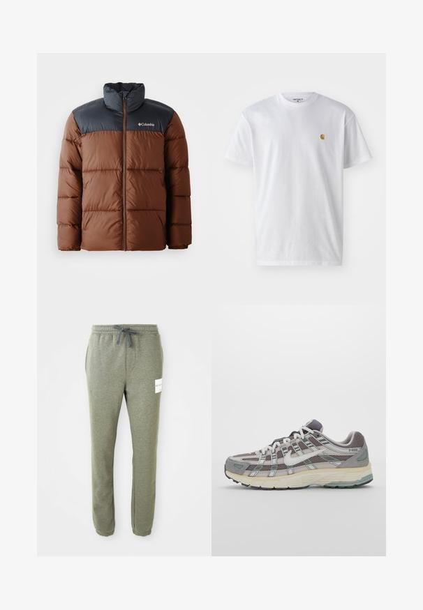 Braune und dunkelgraue gepolsterte Jacke mit hohem Kragen, Reißverschluss vorne und Logo auf der Brust; verfügt über gesteppten Einsätze zur Isolierung.; Weißes Baumwoll-T-Shirt mit kurzen Ärmeln, Rundhalsausschnitt, mit einem kleinen goldenen Logo im linken Brustbereich. Weicher Stoff und normale Passform.; Heather-graue tapered Jogginghose mit elastischem Bund, Kordelzug, seitlichen Taschen, Knöchelbündchen und einem kleinen weißen Markenlabel am rechten Oberschenkel.; Grauer Sportschuh mit einem Obermaterial aus Mesh und Wildleder, weißen Akzenten, einer gepolsterten Sohle und einem charakteristischen Design mit reflektierenden Elementen.