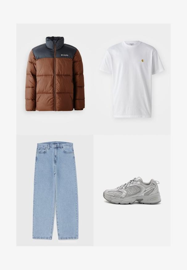 Jachetă căptușită, maro și gri închis, cu guler înalt, fermoar frontal și logo pe piept; are secțiuni matlasate pentru izolație.; Tricou alb din bumbac, cu mâneci scurte, gât echipat, având un mic logo auriu în zona stânga a pieptului. Textură moale și croială normală.; Jeans din denim de culoare albastru deschis, cu un design cu picioare drepte, având talie medie, cinci buzunare și un sistem de închidere cu nasture și fermoar.; Pantof la sport argintiu cu un design elegant, panouri din plasă, limbă căptușită, partea superioară din material sintetic texturat și talpă din cauciuc pentru aderență.