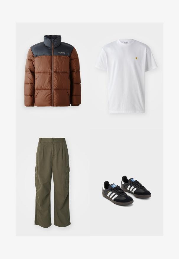 Smeđi i tamnosivi podstavljeni kaput s visokim ovratnikom, prednjim zatvaračem i logotipom na prsima; ima kviltane dijelove za izolaciju.; Bijela pamučna majica kratkih rukava s okruglim izrezom, sa malim zlatnim logotipom na lijevoj strani prsnog koša. Mekana tekstura i standardni kroj.; Cargo hlače u maslinasto zelenoj boji, izrađene od pamuka, s širokim krojem, nabranim detaljima i bočnim džepovima za praktičnost.; Crne tenisice s gornjim dijelom od antilopa i sintetičkog materijala, s tri bijele pruge, teksturiranom gumenom potplatom i plavom oznakom na jeziku.