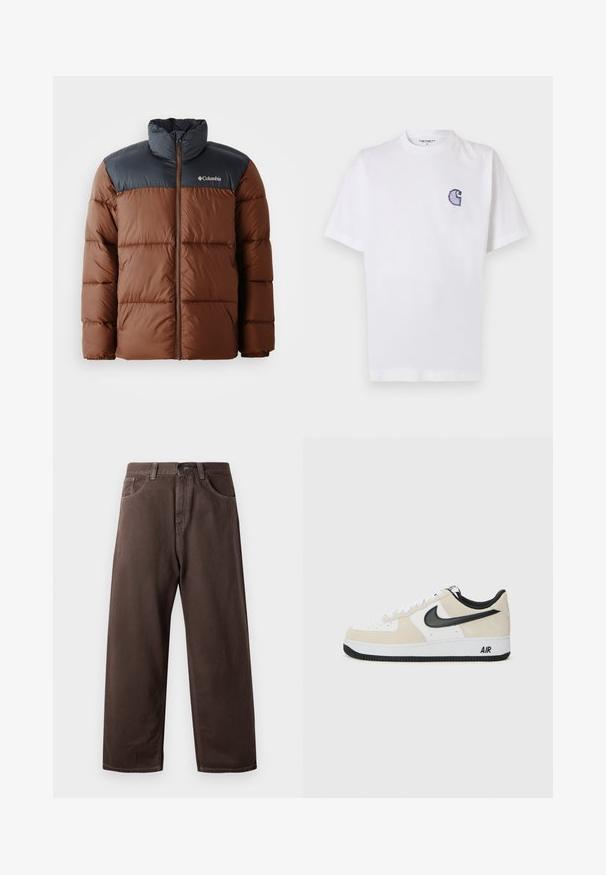 Braune und dunkelgraue gepolsterte Jacke mit hohem Kragen, Reißverschluss vorne und Logo auf der Brust; verfügt über gesteppten Einsätze zur Isolierung.; Weißes Baumwoll-T-Shirt mit kurzen Ärmeln, rundem Halsausschnitt und einem kleinen, gestickten blauen "C"-Logo auf der linken Brustseite.; Braune weite Baumwollhosen mit einem klassischen Five-Pocket-Design, einem Reißverschluss und sichtbaren Nähdetails.; Sneaker mit einem hellbeigen Wildleder- und weißen Leder-Obermaterial, schwarzem Nike-Swoosh, schwarzen Akzenten und einer weißen Gummisohle mit "AIR"-Branding.