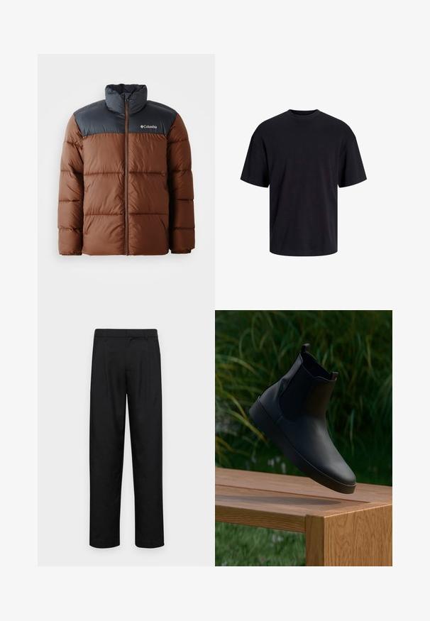 Veste rembourrée marron et gris foncé avec un col haut, fermeture éclair à l'avant et logo sur la poitrine ; présente des sections matelassées pour l'isolation.; T-shirt en coton noir avec un col ras du cou, des manches courtes et une coupe décontractée. Texture lisse sans motifs ni accents visibles.; Pantalons noirs en tissu lisse, avec une coupe droite, deux plis avant et une taille standard avec passants de ceinture.; Bottine en cuir noir avec des panneaux élastiques sur les côtés, texture lisse, bout rond et semelle plate, posée au-dessus d'une table en bois contre un arrière-plan de verdure.