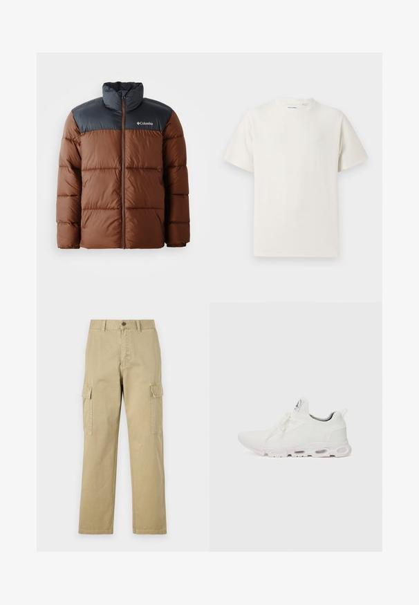 Bruine en donkergrijze gewatteerde jas met een hoge kraag, rits aan de voorkant en een logo op de borst; voorzien van doorgestikte delen voor isolatie.; Witte korte mouwen T-shirt met ribbelstructuur. Ronde hals, ontspannen pasvorm, geen zichtbare patronen of accenten. Eenvoudig en veelzijdig ontwerp.; Beige cargobroek van katoen, met twee zijzakken, een knoopsluiting en rechte pijpen van een licht gestructureerde stof.; Witte sportieve schoenen met een gestructureerde gebreide bovenkant, platte veters en een gevoerde zool met zichtbare luchtkamers voor extra ondersteuning.