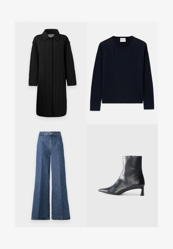 CLOSED QUILTED COAT - Téli kabát - black; Sötétkék hosszú ujjú crewneck póló puha, sima anyagból, laza szabásban. Jellemzői a bordás díszítésű mandzsetta és szegély, címke a nyaknál.; Nagyméretű kék farmernadrág magas derékkal, klasszikus öt zsebes stílussal és gombos záródással, struktúrált pamutszövetből készült.; Fekete bőr bokacsizma hegyes orral és letisztult dizájnnal. Alacsony sarka és hátsó cipzáras záródása van. Simának tűnő textúra.