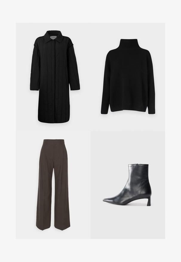 CLOSED QUILTED COAT - Zimski plašč - black; Črni pleteni pulover z visokim rebrastim ovratnikom, spuščenimi rameni in sproščenim krojem. Ima rebraste manšete in spodnji rob za dodatno teksturo.; Temno rjave široke hlače z visokim pasom, ki imajo lepo stisnjene gube, gladko teksturo in krojen fit.; Črne usnjene gležnjarje s šiljastim nosom in elegantnim dizajnom. Imajo nizko peto in zadrgo na zadnji strani. Gladka tekstura.