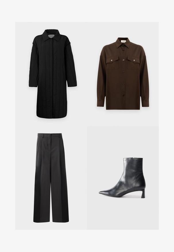 CLOSED QUILTED COAT - Zimski kaput - black; Tamno smeđa dugosleeve košulja s dugim rukavima i dugmadi, s dva džepa s preklopom na prsima i klasičnim ovratnikom, prikazana na jednostavnoj bijeloj pozadini.; Crne široke hlače s visokim strukom, s prednjim nabranim detaljima, glatkom teksturom i krojenim završetkom. Dizajnirane za opušteni kroj.; Crne kožne gležnjače s uskim vrhom i elegantnim dizajnom. Imaju niski potpetak i zatvaranje na patentni zatvarač straga. Glatka tekstura.