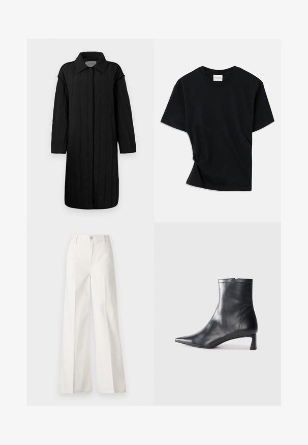 CLOSED QUILTED COAT - Ziemas mētelis - black; Melnā T-krekls, izgatavots no mīksta kokvilnas, ar apaļu izgriezumu, īsām piedurknēm un nedaudz izlocītu dizainu, kas nodrošina brīvu piegulšanu.; Baltas platfita bikses, izgatavotas no kokvilnas ar gludu tekstūru. Aprīkotas ar priekšējo pogu, rāvējslēdzēju un četru kabatu dizainu.; Melnas ādas potītes zābaki ar norādītu pirkstu un elegantu dizainu. Iezīmē zemu papēdi un rāvējslēdzēja aizdari aizmugurē. Gluda tekstūra.