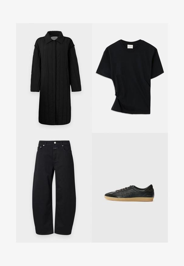 CLOSED QUILTED COAT - Žieminis paltas - black; Juodas marškinėlis, pagamintas iš minkštos medvilnės, su apvalia iškirpte, trumpomis rankovėmis ir šiek tiek sukurtu dizainu, užtikrinančiu laisvą prigludimą.; CLOSED JAZZIE - Laisvo kirpimo džinsai - black; Juodų odinių sportbačių su zomšos akcentais, apvaliu pirštu, guminėmis padangomis, plokščiomis raišteliais ir siūlės detalėmis. Ant kulno yra prekės ženklo logotipas.