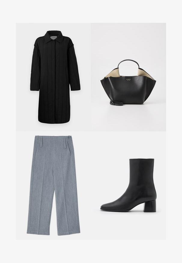 CLOSED QUILTED COAT - Ziemas mētelis - black; Melnas ilgas piedurknes krekls, kas izgatavots no mīksta auduma, ar apaļu kakla izgriezumu un brīvu piegriezumu, ar sānu šķēlumiem apakšmalā, lai nodrošinātu ērtu kustību.; Gai pelēki, platā kāju bikses, kas izgatavotas no teksturēta auduma, ar diviem priekšējiem krokām un divām sānu kabatām. Tīrs, šūts dizains.; Melnas ādas potīšu zābaki ar norādītu pirkstu un masīvu kvadrātveida papēdi. Gluda tekstūra ar bezšuvju dizainu un minimālistisku šuvēm.; Ree Projects ANN TOTE MINI - Rokassoma - black
