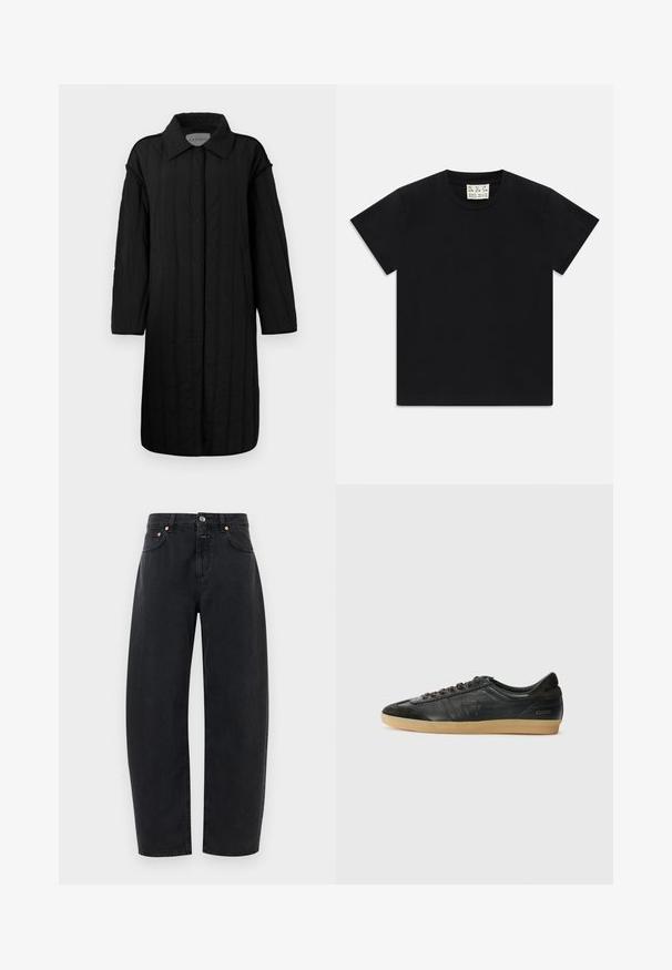 CLOSED QUILTED COAT - Zimný kabát - black; Čierne tričko s krátkym rukávom a okrúhlym výstrihom s bielou štítkom vo vnútri goliera označeným "D.R.C. EST. 2002" na bielom pozadí.; Čierne denimové džínsy so strihom rovného nohavice, piatimi vreckami a mosadznými akcentmi. Textília má hladkú štruktúru a klasické prešívanie.; Čierne kožené tenisky s jemnými akcentmi z semišu, okrúhla špička, gumená podrážka, ploché šnúrky a prešité detaily. Obsahuje logo značky na päte.
