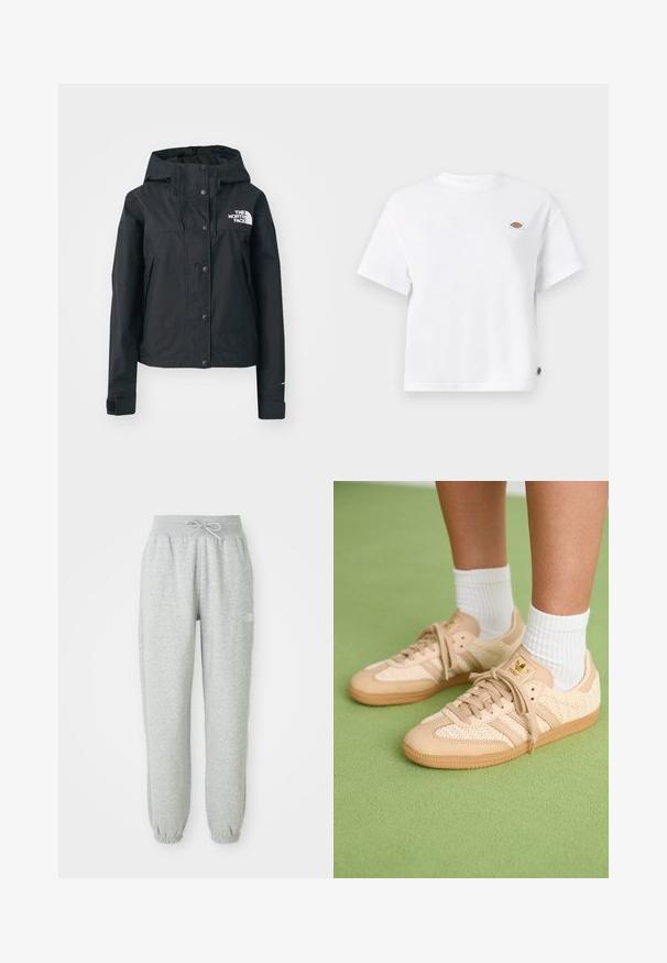 Juodas atsparus vandeniui džemperis su nuimama kapuce, užsegamas snap-button mygtukais, ir logotipu ant krūtinės. Turi šonines kišenes ir sutrumpintą modelį.; Balta medvilninė marškinėlių su laisvu kirpimu, su mažo logotipo etikete ant krūtinės ir papildoma etikete šone, kad būtų suteikta daugiau detalumo.; Sidabrinės sportinės kelnės su elastine juostos juosta ir raišteliu. Audinys yra minkštas, su elastinėmis apykaklėmis ties kulkšnimis ir logotipo akcentu.; Pėdos su bežinėmis austinėmis Adidas sportbačiais guminiais padais ir baltais kulkšnies džinsais ant žalios tekstūruotos grindų.