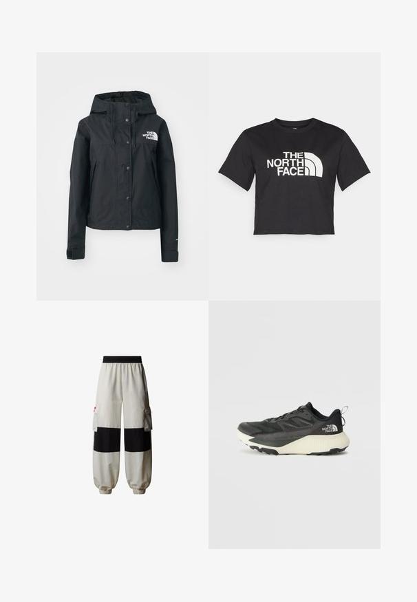Mustame respiraator, millel on eemaldatav kapuuts, trukkidega sulgemine ja logo rinnal. Omab küljetaskuid ja lühikest lõiget.; Must must kleidend t-särk, millel on valge logo ja kõverad aktsendid, esiküljel tekst "THE NORTH FACE". Lühikesed varrukad, ümar kaelus.; The North Face HIMALAYAN - Kargopüksid - white dune tnf black; Musty mustusjalats musta pealisega, millel on tekstuur, hallid aktsendid ja valge vaheosa. Sisaldab tõmbeosa ning silmapaistvat brändi logo kandadel.