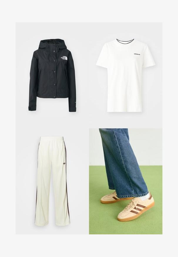 Sort vandtæt jakke med aftagelig hætte, trykknaplukning og logo på brystet. Har sidelommer og en cropped design.; Hvid bomulds t-shirt med korte ærmer og rund halsudskæring. Har et sort Adidas-logo på brystet og en kontrasterende sort indvendig krave.; Cremefarvede sweatpants med en afslappet pasform, der har mørkebrune sidelister og et broderet logo på venstre lår.; Beige sneakers med teksturerede cremefarvede paneler og brune striber, parret med blå denim jeans. Jeansene har brede ben og en frynset kant.