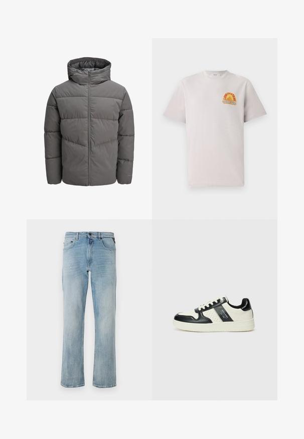 Γκρι μπουφάν πούφ με κουκούλα, διαθέτει φερμουάρ πλήρους μήκους, σχεδίαση με ραφή και λεία, ελαφρώς γυαλιστερή υφή.; Ανοιχτό γκρι βαμβακερό T-shirt με στρογγυλή λαιμόκοψη, που διαθέτει πολύχρωμο γραφικό "Lone Château Replay" σε πορτοκαλί και μπλε χρώμα στο στήθος.; Απαλά γαλάζια τζιν παντελόνια με χαλαρή εφαρμογή, που διαθέτουν διακριτικές φθορές και κλασικό σχέδιο πέντε τσεπών.; Δερμάτινα sneakers με μαύρο και κρεμ χρωματικό σχέδιο, με διάτρητες λεπτομέρειες, επενδεδυμένο κολάρο και υφή στη σόλα.