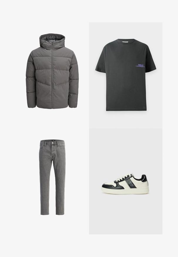 Pilkas pūkinis švarkas su gobtuvu, turintis užtrauktuką per visą ilgį, siuvinėtas dizainas ir lygus, šiek tiek blizgus paviršius.; Tamsiai pilkas medvilninis marškinėliai su apvaliu iškirpimu. Kairėje krūtinės pusėje yra mažas purpurinis spaudinys su užrašu "REPLAY." Trumpi, tiesūs rankovės.; Pilkos džinsinės kelnės su tiesiu kirpimu, penkių kišenių dizainu ir metaliniu mygtuko užsegimu. Audinys turi švelnų, tekstūruotą paviršių.; Odiniai sportbačiai juodos ir kreminės spalvų schemoje, su perforuotais akcentais, paminkštinta apykakle ir tekstūruotu padu.