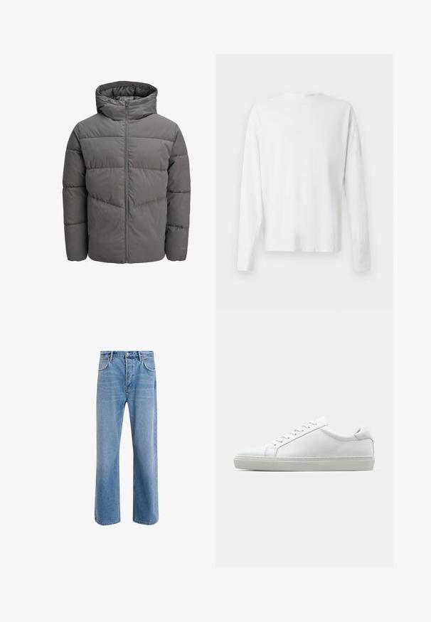 Giubbotto imbottito grigio con cappuccio, dotato di zip a lunghezza totale, design trapuntato e una superficie liscia e leggermente lucida.; Camicia bianca in cotone a maniche lunghe con scollatura rotonda, spacchi laterali in fondo e una texture liscia, mostrata da dietro.; Jeans in denim blu chiaro con design a gamba dritta, cinque tasche, chiusura con bottone, leggero sbiadimento e dettagli di cucitura a contrasto.; Sneaker bianco con tomaia in pelle liscia e profilo basso. Presenta una punta arrotondata, sei occhielli e una suola in gomma testurizzata.