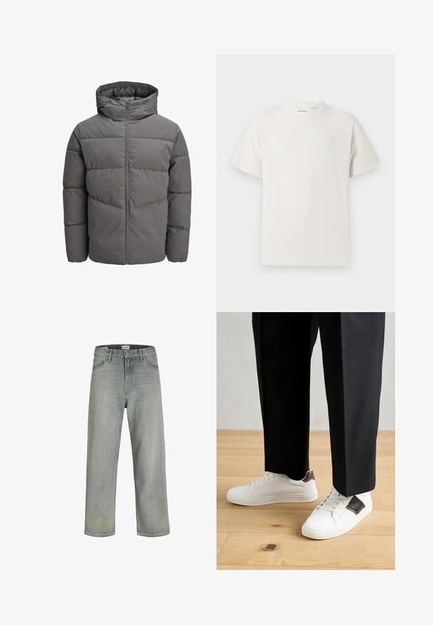 Harmaa puhallettu takki hupulla, jossa on täysimittainen vetoketju, tikattu muotoilu ja sileä, hieman kiiltävä pinta.; Valkoinen lyhythihainen T-paita ribbikuviossa. Pyöreä kaula-aukko, rento istuvuus, ei näkyviä kuvioita tai yksityiskohtia. Yksinkertainen ja monikäyttöinen muotoilu.; Vaaleanharmaat, löysät farkut, jotka on valmistettu denimistä. Ominaisuuksiin kuuluu klassinen viiden taskun muotoilu, vyölenkit ja suora lahjetyyli.; Valkoiset tennarit, joissa on sileä pinta, ruskealla nahka-akentilla ja mustilla yksityiskohdilla, yhdistetty mustiin räätälöityihin housuihin. Taustalla puulattia.