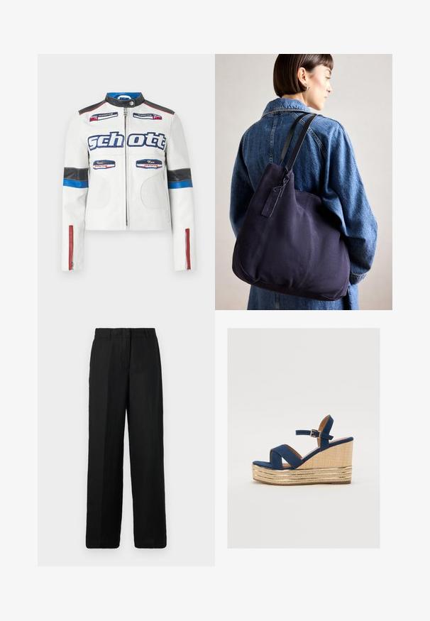Biela kožená moto bunda s perforovanými časťami, modro-čiernymi akcentmi, červenými pruhmi na rukávoch a vyšitými logami.; Biela bavlnená tričko s grafickým motívom srdca v odtieňoch ružovej a koralovej farby, so vírivými abstraktnými vzormi v strede. Krátke rukávy, okrúhly výstrih.; Čierne nohavice s širokými nohavicami vyrobené z ľahkej látky. Majú plochý predný diel s pútkami na opasok a bočnými vreckami, čo zaisťuje uvoľnený strih.; Námornícky modré sandále na klíne s prekríženými popruhmi, textúrovanou platformou z prírodných vlákien a zlatým kovovým akcentom na spodnej strane.; Námorná plátenná taška na rameno s mäkkým, štruktúrovaným tvarom, vybavená čiernym popruhom, prešívaním a malou značkovou visačkou.