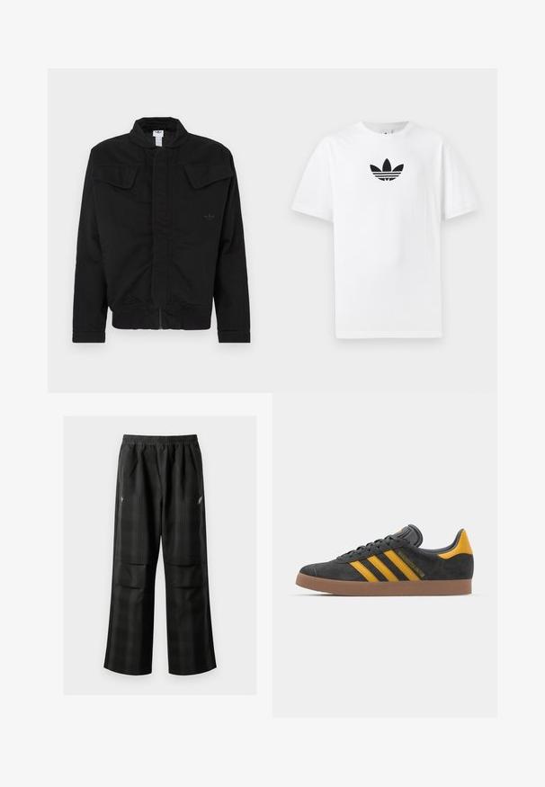 Černá bunda z odolné látky s vysokým límcem, dvěma předními kapsami s klopami, žebrovanými manžetami a jemným logem značky na hrudi.; Bílá bavlněná tričko s černým logem Adidas uprostřed. Krátký rukáv a design s kulatým výstřihem. Hladká textura.; Černé kostkované kalhoty s elastickým pasem, dvěma předními kapsami a volným střihem se rovnými nohavicemi. Vyrobeny z lehkého materiálu.; Černé semišové tenisky se žlutými akcenty, vybavené třemi pruhy a hnědou gumovou podrážkou. Obsahují polstrovaný jazyk pro pohodlí.