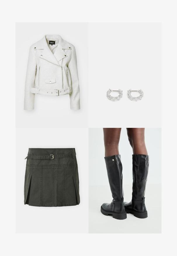 Biała skórzana kurtka motocyklowa z mieszanki wełny z metalowymi suwakami w kolorze srebrnym, pasek w talii oraz dużym, złożonym kołnierzem. Posiada boczne kieszenie i gładką teksturę.; Jasnoszary krótki sweter dziewiarski z czarno-białymi wzorami kwiatowymi, okrągłym dekoltem i ściągaczami. Miękka tekstura, casualowy fason.; Ciemnozielona, bawełniana mini spódniczka z dopasowanym stanem, paskiem i plisami z przodu. Oferuje detale w szyciu i klasyczny krój.; Czarne skórzane kozaki do kolan o gładkiej fakturze, okrągłym nosku, grubej podeszwie i zamek błyskawiczny. Na boku znajduje się srebrne logo.; Srebrne kolczyki w kształcie kół z przezroczystymi, prostokątnymi i trójkątnymi kryształami ułożonymi w wzorzysty design. Zapięcia dla zapewnienia bezpieczeństwa.