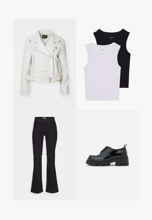 Veste de moto en mélange de laine blanche avec des zips en métal argenté, une taille ceinturée et un grand col replié. Présente des poches latérales et une texture lisse.; Deux hauts sans manches en noir et blanc, en coton côtelé, avec des encolures rondes et une coupe ajustée. Étiquettes visibles sur les deux.; Jean noir évasé en denim, avec une taille haute, de légers détails de couture à l'avant et un design classique à cinq poches.; Chaussures en cuir patiné noir avec une semelle épaisse et chunky, dotées de lacets épais. Embout arrondi, détails minimaux et un petit tirant à l'arrière.