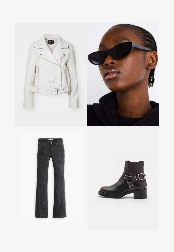 White wool-blend motorcycle jacket with silver metal zippers, a belted waist, and a large folded collar. Features side pockets and smooth texture.; Black cropped long-sleeve top with a textured hexagonal pattern, scoop neckline, and cut-out accents at the hem. Soft, stretchy fabric.; Black denim flared jeans with five pockets, belt loops, and contrasting stitching along the front seams. Soft texture and standard waist.; Black leather ankle boot with a rounded toe, elastic side panels, and a decorative buckle strap. Features contrast stitching and a low heel.; Black cat-eye sunglasses with a matte finish, featuring a sleek design and gently curved edges, set against a model's dark clothing.