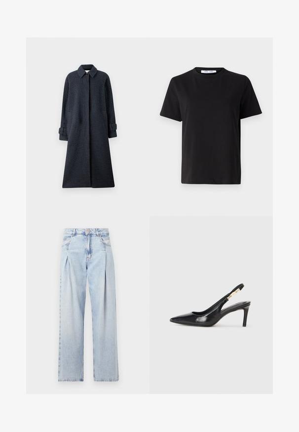 Samsøe Samsøe ALMA COAT - Klasický kabát - blue; Černé tričko s krátkým rukávem vyrobené z měkké bavlny, s kulatým výstřihem, volným střihem a hladkým povrchem. Žádné viditelné vzory ani grafika.; Světlé modré džíny z denimu s vysokým pasem, širokým střihem, dvěma bočními kapsami a nařaseným designem. Měkká textura s vybledlým povrchem.; Černý kožený sandál na vysokém podpatku s špičatou špičkou, hladkou texturou a úzkým páskem na kotníku s zlatými kovovými detaily.