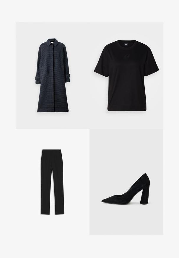 Samsøe Samsøe ALMA COAT - Classic coat - blue; Black cotton t-shirt with a crew neckline, short sleeves, and an embroidered logo on the chest. Simple, relaxed fit with no patterns.; Black tailored trousers with a straight-leg design, featuring front pockets and a smooth, textured fabric. Neat, minimal detailing.; Black suede high-heeled pump with a pointed toe and a chunky heel. Sleek design, smooth texture, and minimalistic style. No visible branding.