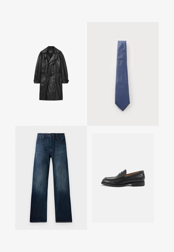 Black leather trench coat with a double-breasted design, wide lapels, belted waist, and buttoned cuffs. Smooth texture, knee-length.; White polo shirt made from polo fabric, featuring a collared neckline, short sleeves, and a straight cut with three-button closure.; Dark blue denim jeans with a straight-leg design, featuring a lightweight texture, belt loops, and a classic five-pocket style.; Black leather loafers with a smooth finish, rounded toe, and decorative stitching on the vamp. Low stacked heel and slight shine.; Blue striped tie featuring a diagonal pattern, made of smooth fabric with a pointed end. The stripes alternate in a slightly darker hue.