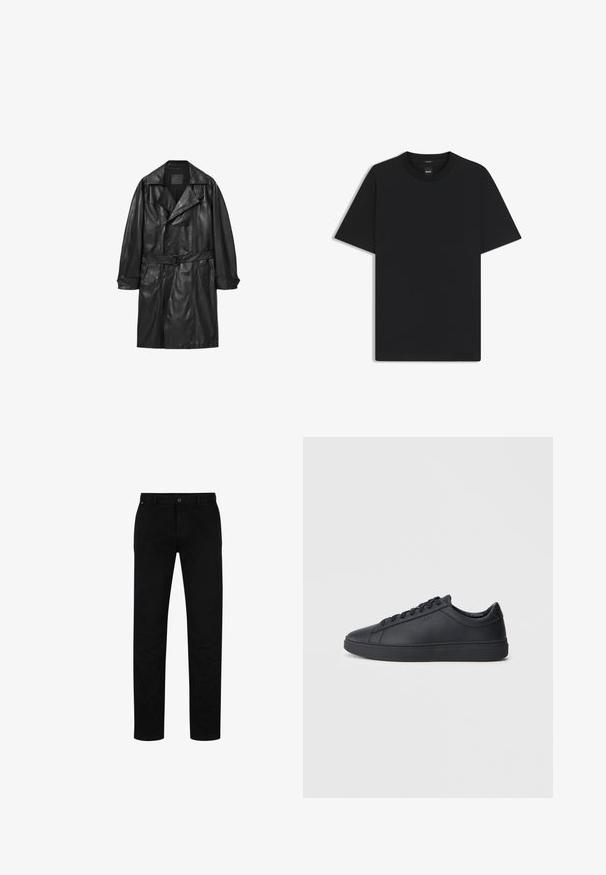 Musta nahkatrenssitakki, jossa on kaksirivinen muotoilu, leveät kaulukset, vyötärölle solmittava vyö ja napilliset hihansuut. Sujuva pinta, polven pituinen.; Musta lyhythiha T-paita, joka on valmistettu sileästä puuvillasekoitteesta. Paita on varustettu pyöreällä pääntiehen ja siinä on minimaalinen muotoilu ilman kuvioita tai yksityiskohtia.; Mustat puuvillahousut suorella leikkauksella, jossa on napitus, vyölenkit ja minimalistinen muotoilu. Silkkinen pinta, ilman kuvioita.; Mustat lenkkarit, jotka on valmistettu sileästä nahasta, matalalla varrella, pyöreällä varvalla ja tasaisella kumipohjalla. Varusteena nauhat ja huomaamaton brändäys.