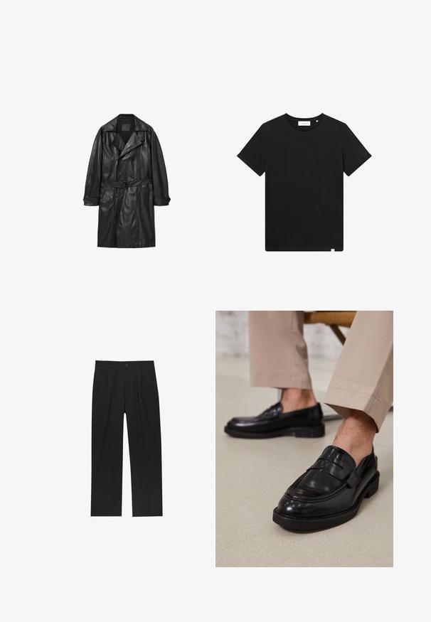 Czarny skórzany płaszcz trench z podwójnym zapięciem, szerokimi klapami, paskiem w talii i mankietami zapinanymi na guziki. Gładka faktura, długość do kolan.; Czarna koszulka z krótkim rękawem wykonana z bawełny, z okrągłym dekoltem i małym logo haftowanym na piersi. Gładka tekstura, standardowy krój.; Czarne spodnie o prostym kroju, wykonane z gładkiego materiału. Posiadają zakładki z przodu i pojedyncze zapięcie na guziki w pasie.; Czarne skórzane mokasyny o gładkim wykończeniu, z dekoracyjnym paskiem i kontrastowym szwem, w połączeniu z beżowymi spodniami.