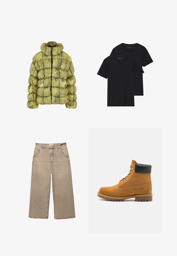 Pudret jakke i afdæmpet grøn med en quiltet design, høj krave, frontlynlås og et lille logo-patch. Materialerne ser bløde og teksturerede ud.; To sorte bomulds t-shirts med korte ærmer, rund halsudskæring og en glat tekstur, vist stablet sammen.; PULL&BEAR MEGA BAGGY - Baggy jeans - light grey; Tan nubuck ankelstøvle med sort polstret krave, gyldne metaløjer, hvid syning detaljer og robust gummisål med udtalte slidbaner.
