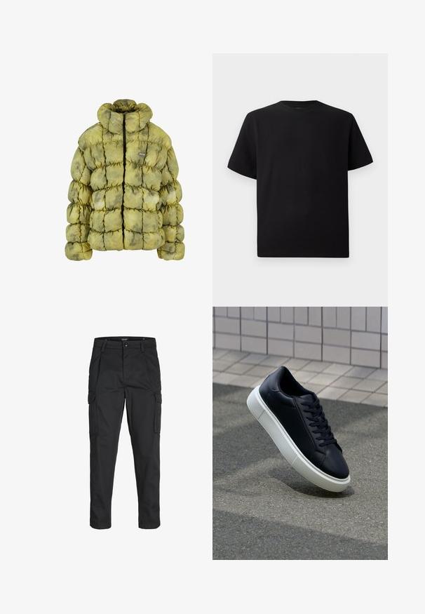 Padded jacket in muted green with a quilted design, high collar, front zipper, and a small logo patch. Materials appear soft and textured.; Black short-sleeve T-shirt made of textured fabric, featuring a round neckline and a relaxed fit. Simple, no patterns or accents.; Black cargo pants made of sturdy fabric, featuring multiple pockets, a button closure, and a slim fit design with tapered legs.; Black leather sneaker with rounded toe and white rubber sole. Features flat laces and minimal stitching on the upper. Textured sole for grip.