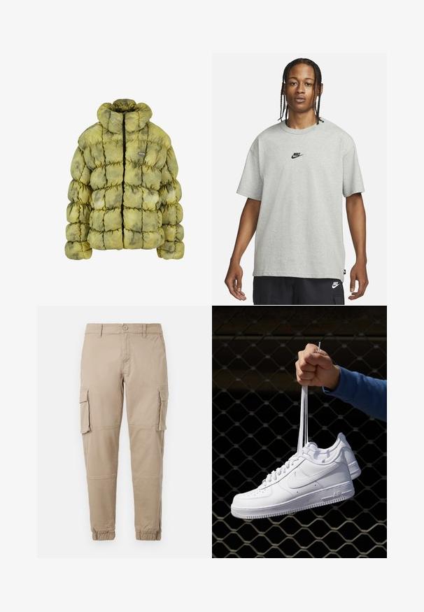 Piepūšamā jaka blāvā zaļā krāsā ar izšūtu dizainu, augstu apkakli, priekšējo rāvējslēdzi un mazu logotipa uzšuvi. Materiāli izskatās mīksti un teksturēti.; Jaunietis ar pītām matēm, kas valkā gaiši pelēku Nike T-kreklu un melnas Nike šortus uz vienkārša balta fona.; Bežīgas cargo bikses izgatavotas no viegla kokvilnas materiāla. Tām ir elastīgas aproces, vairākas sānu kabatas un pogu aizdare.; Baltas ādas sporta apavi ar perforācijām, apaļu purngali, plakanu zoli un biezām šņorēm, ar redzamu swoosh logo un vārdu "AIR" uz papēža.