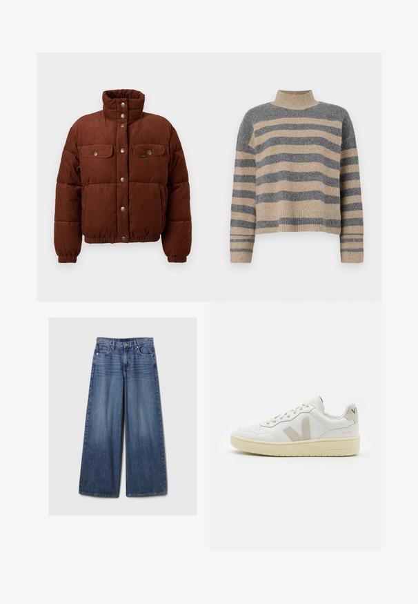 Brown corduroy puffer jacket with a high collar, snap buttons, two chest pockets, and elastic cuffs for a snug fit.; Striped knit sweater featuring gray and beige colors, high neck, wide cuffed sleeves, and a relaxed fit with a cropped design.; Wide-leg blue denim jeans with a faded finish, featuring a button and zipper closure, five pockets, and belt loops.; White leather sneaker with beige suede accents, perforated toe box, flat laces, and a textured cream sole. Features subtle branding on heel.