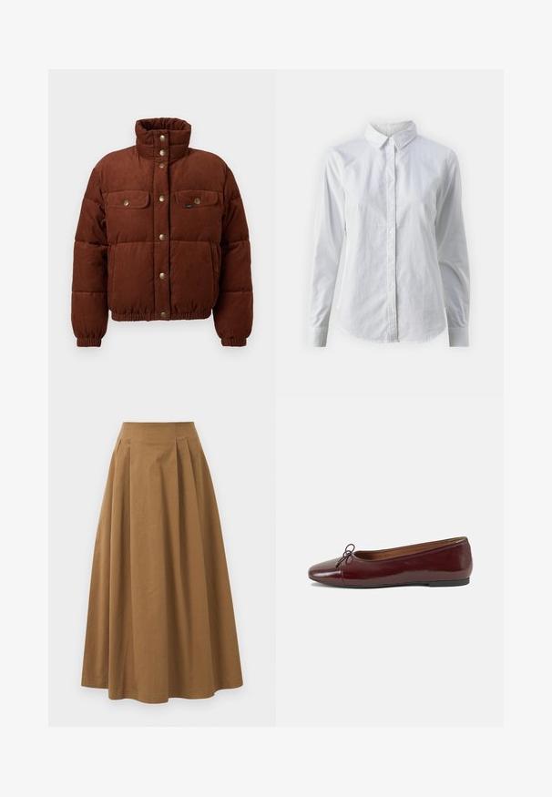 Rjav korduroj puffarjakna z visokim ovratnikom, zatiči na gumbih, dvema prsima žepoma ter elastičnimi manšetami za tesno prileganje.; Bela srajca z gumbki, narejena iz gladkega bombaža, s klasičnim ovratnikom, dolgimi rokavi in ukrivljenim robom. Gumbi so majhni in beli.; Rjava bombažna A-linijska krila z visokim pasom, ki vključuje naborke spredaj in gladko teksturo. Robovi so čisti in preprosti.; Burgundska patenti usnjeni baletni čevlji z zaobljenim prstom, majhnim lokom na sprednji strani in nizkim črnim gumijastim podplatom. Gladka tekstura.