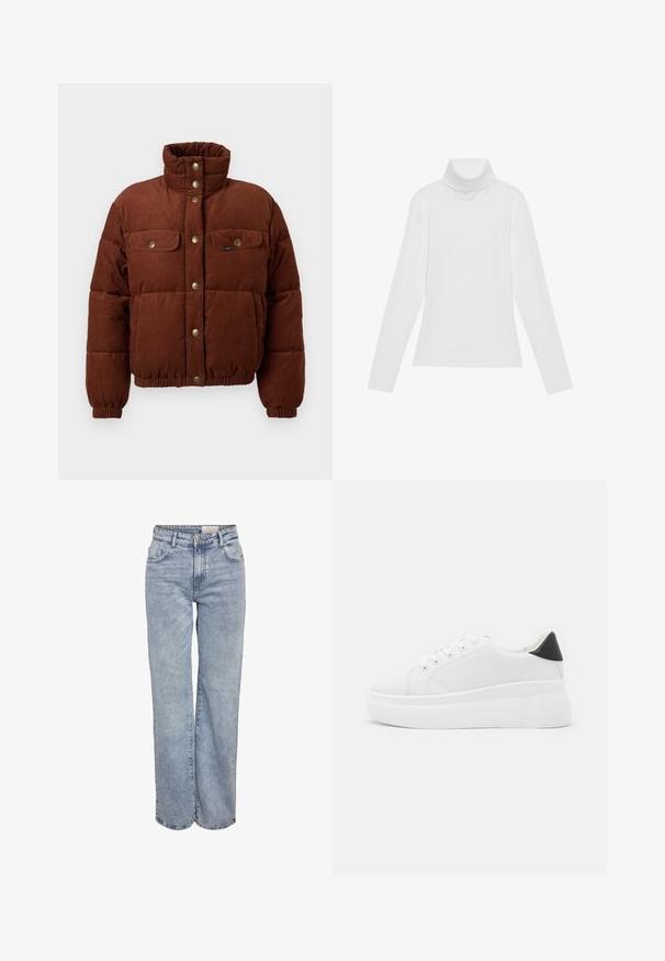 Brązowa puchowa kurtka z korduroy z wysokim kołnierzem, zatrzaskami, dwoma kieszeniami na piersi i elastycznymi mankietami dla idealnego dopasowania.; Biała bluzka z długim rękawem i golfem, wykonana z gładkiego, elastycznego materiału. Posiada wysoki kołnierz i dopasowany krój, bez widocznych wzorów czy zdobień.; Jasnoniebieskie dżinsy z szerokimi nogawkami, wykonane z denimu, z wysokim stanem, pięciowgzianą konstrukcją i subtelnym wyblaknięciem, dającym wrażenie noszonych.; Białe sneakersy na platformie wykonane z gładkiego materiału syntetycznego, z zaokrąglonym noskiem, sznurowanym zapięciem i teksturowaną gumową podeszwą. Czarne akcenty na pięcie.