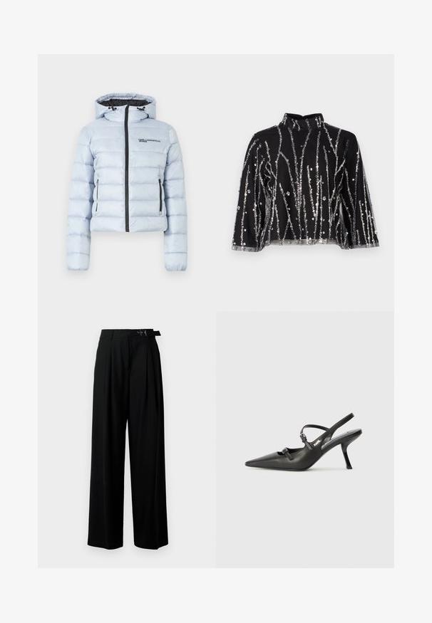 Light blue puffer jacket with a hood, zippered front, and two side pockets. Features horizontal stitching and a black logo on the chest.; Black cropped top with high neck, featuring silver sequined vertical lines, sheer sleeves, and textured fabric.; Black wide-leg trousers with a high waist, pleats at the front, and a belt featuring a buckle. Made from smooth, lightweight fabric.; Black leather slingback heels with a pointed toe, slender heel, and decorative buckle detail on the vamp. Smooth texture and sleek design.