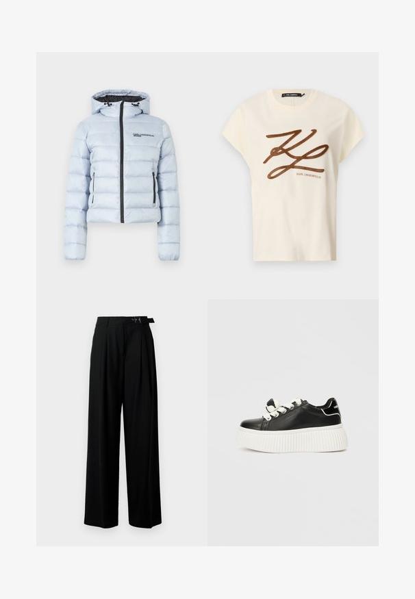 Casaco puffer azul claro com capuz, fecho éclair frontal e dois bolsos laterais. Apresenta costura horizontal e um logo preto no peito.; T-shirt de algodão creme, com mangas curtas, apresentando um logótipo brocado castanho e um design em letra na parte da frente.; Calças largas pretas de cintura alta, com pregas à frente e um cinto com fivela. Feitas de um tecido liso e leve.; Sapatilha de couro preto com uma sola grossa branca e canelada, apresentando atacadores brancos e um detalhe de laço decorativo na lingueta.