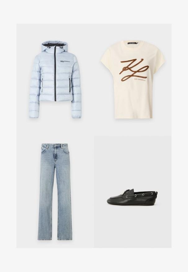 Ljust blå puffjacka med huva, dragkedja fram och två sidofickor. Har horisontell söm och en svart logotyp på bröstet.; Krämfärgad bomulls-t-shirt med korta ärmar, med en brun broderad logotyp och skriptdesign på framsidan.; Ljusblå, vida jeans i denim. Har en knapp- och dragkedjestängning, framfickor och subtila blekningar. Snyggt avslutade fållar.; Svarta läderskeppsskor med rund tå, snörning framtill, metallöglor och platt sula. Har en liten tabbak på baksidan.