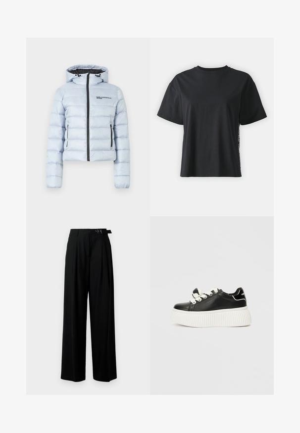 Jachetă puffer de culoare albastru deschis, cu glugă, fermoar frontal și două buzunare laterale. Are cusături orizontale și un logo negru pe piept.; Tricou din bumbac negru cu mânecă scurtă, cu o croială lejeră și un panou lateral contrastant, având text mic și detalii de design.; Pantaloni negri cu croi larg, talie înaltă, pliuri în față și un b μέρος cu cataramă. Confecționați dintr-un material neted și ușor.; Sneakers negre din piele cu o talpă groasă albă cu caneluri, având șireturi albe și un accent decorativ sub formă de fundiță pe limbă.