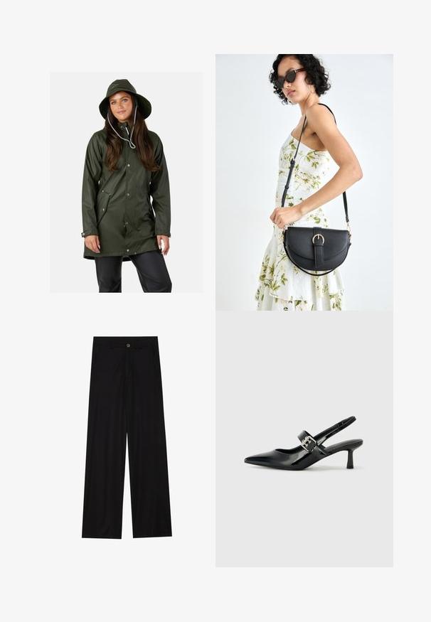 Swedemount VÄDERÖARNA - Regnjacka - olive; Grön bomulls-t-shirt med rund hals och korta ärmar. Har ett urtvättat tryck med texten "DIVE DEEP INTO SERENITY" i vitt. Mjuk textur.; Breda svarta byxor i en mjuk tygkvalitet, med framfickor och knäppning i midjan. Minimalistisk design utan mönster.; Svarta patentläder slingback-klackar med spetsig tå och en liten blockklack, med en silvrig spänneaccent på remmen.; Svart läderhandväska med en böjd form, avtagbar rem och guldiga detaljer. Väskan har ett lock med en spänndetalj.