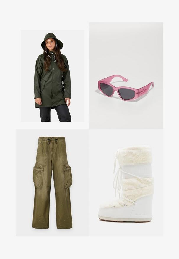 Swedemount VÄDERÖARNA - Waterproof jacket - olive; Pink leopard print t-shirt with short sleeves, featuring a rounded neckline and contrasting pink cuffs, made from soft, stretchy material.; Olive green cargo pants with a relaxed fit, elastic waistband, drawstring, two side pockets, and two large cargo pockets. Light distressing.; White Moon Boot with faux fur upper, lace-up front, and rubber sole. Textured finish and embossed logo on side. Chunky, padded design.; Pink transparent sunglasses with angular, cat-eye shape, dark tinted lenses, and embossed text on the temple reading "THE SUNGLASSES."