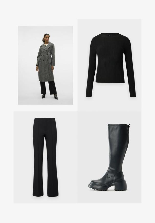 Pilkas vilnonis paltas su dvigubos krūtinės sagomis, dirželiu juosmenyje, išpjautu apykakle ir šoninėmis kišenėmis, derinamas su juodomis plačiomis kelnėmis ir batais.; Juoda dryžuota ilga rankovė prigludusi megztinis su apvalia iškirpte, pateiktas prieš paprastą šviesią fono.; Juodos plačios kelnės su rausvos tekstūros ir prigludusia juosmens dalimi. Dizainas apima vertikalius siūlus, kad atrodytų elegantiškai. Nėra matomų detalių.; Ilgas juodos odinės batai su masyvi platforma ir stačiakampiu kulnu, turintys traukimo kilpą ir tekstūruotą pado raštą.