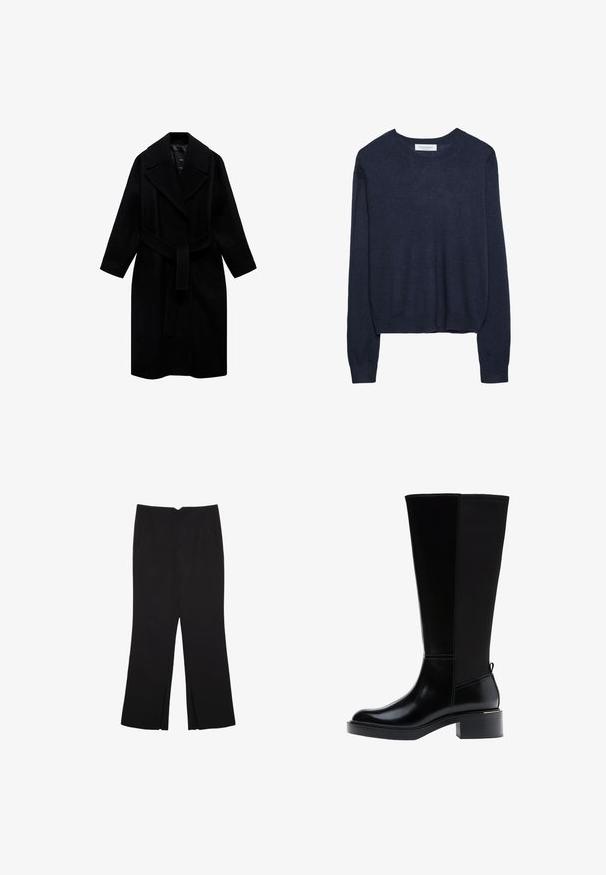 Schwarzer Wollmantel mit Reverskragen, tailliertem Schnitt und mittellanger Passform. Verfügt über lange Ärmel und eine glatte Textur.; Dunkelblauer gestrickter Pullover mit einem runden Halsausschnitt und langen Ärmeln, der einen leicht verkürzten Saum und gerippte Bündchen für zusätzliche Textur aufweist.; Schwarze Hose mit geradem Schnitt, ausgestattet mit Fronttaschen und Seitenschlitzen am Saum. Hergestellt aus weichem, glattem Stoff. Geeignet für verschiedene Anlässe.; Schwarzer kniehoher Stiefel aus glattem Leder, mit markanten Nähten, klobigem Absatz und einer strukturierten Rückseite für zusätzlichen Akzent.