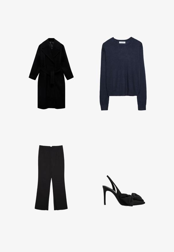 Schwarzer Wollmantel mit Reverskragen, tailliertem Schnitt und mittellanger Passform. Verfügt über lange Ärmel und eine glatte Textur.; Dunkelblauer gestrickter Pullover mit einem runden Halsausschnitt und langen Ärmeln, der einen leicht verkürzten Saum und gerippte Bündchen für zusätzliche Textur aufweist.; Schwarze Hose mit geradem Schnitt, ausgestattet mit Fronttaschen und Seitenschlitzen am Saum. Hergestellt aus weichem, glattem Stoff. Geeignet für verschiedene Anlässe.; Schwarze Slingback-Highheels aus glattem Stoff mit spitzer Zehenform und einem Stoffschleifchen auf der Vorderseite. Schlanker Stiletto-Absatz.